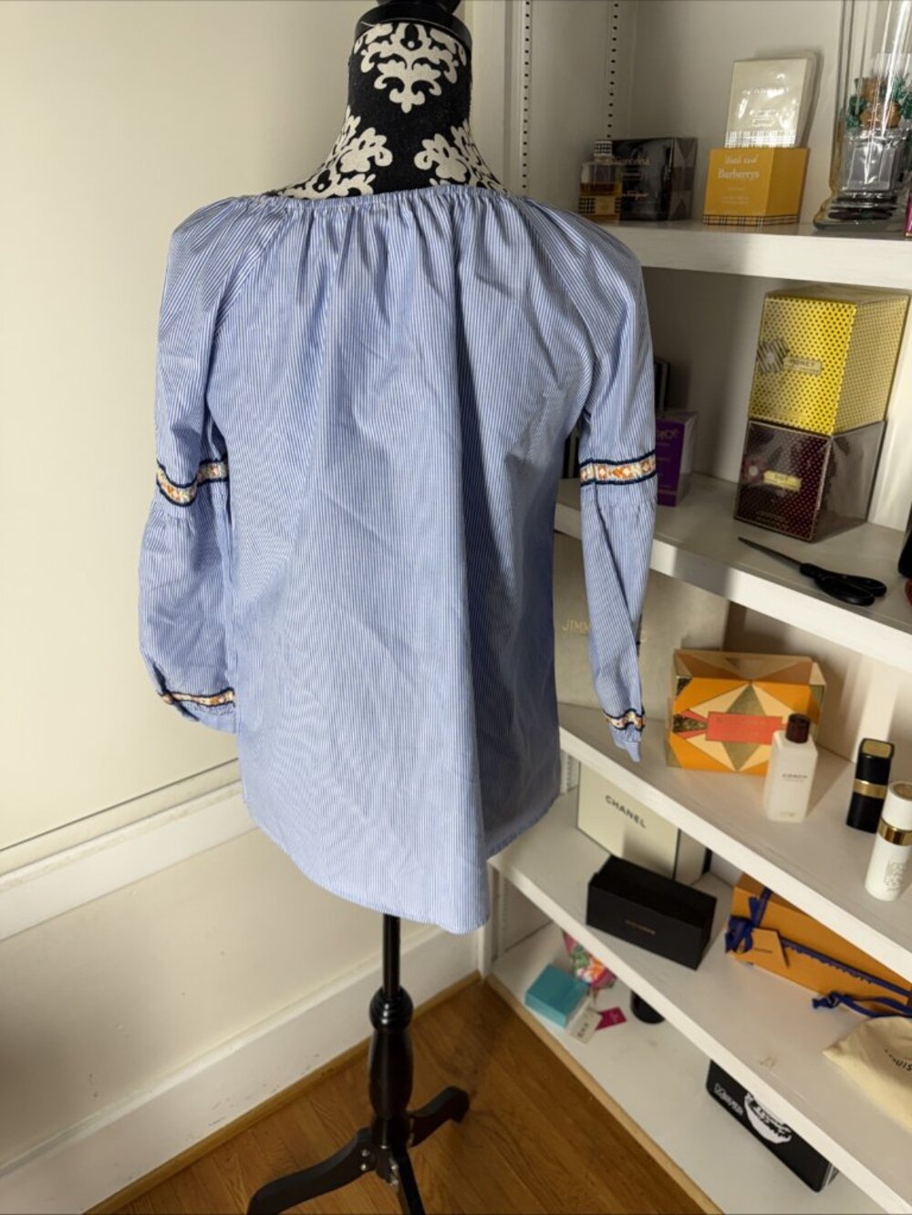 Adam Tasseled Top Striped Light Blue White Cotton Size Large - Picture 7 of 10